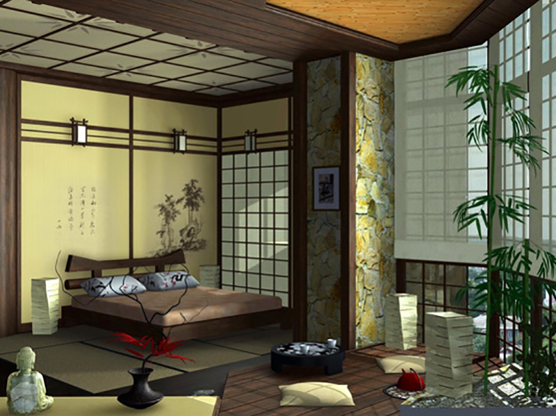 phòng ngủ theo phong cách Nhật với họa tiết trang trí