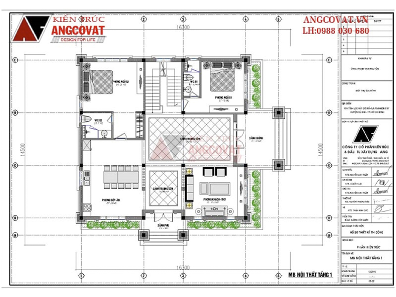 Mặt bằng tầng 1: Phương án thiết kế biệt thự 2 tầng tân cổ điển đẹp mái thái độc đáo diện tích 175m2