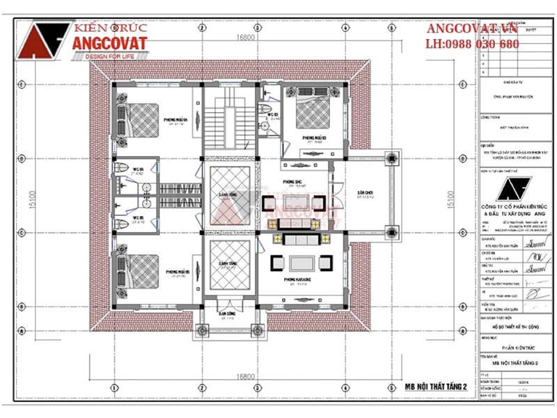 Mặt bằng tầng 2: Mẫu thiết kế nhà 2 tầng 180m2 mái thái tân cổ điển có 5 phòng ngủ