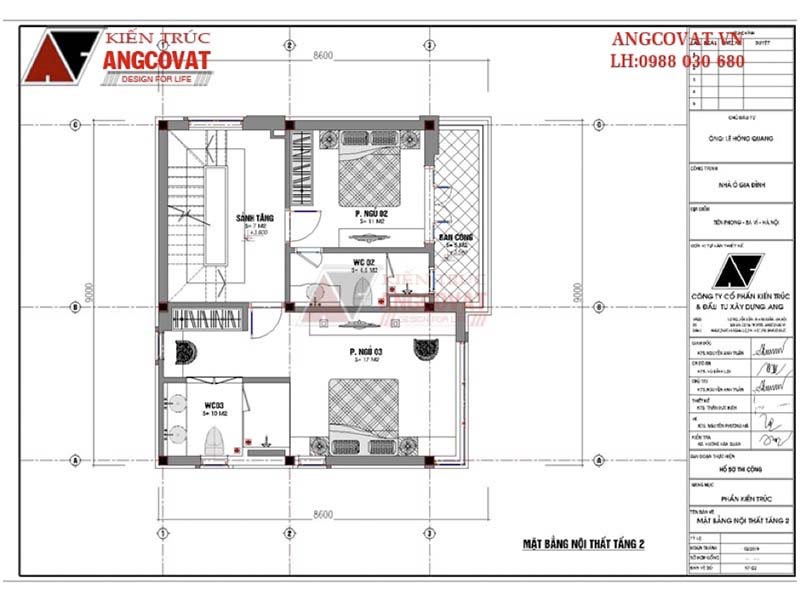 Mặt bằng tầng 2: Mẫu nhà vuông rẻ đẹp 3 tầng mái lệch độc đáo kích thước 9x9m có 3 phòng ngủ