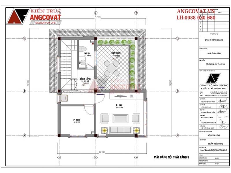 Mặt bằng tầng 3: Mẫu nhà vuông rẻ đẹp 3 tầng mái lệch độc đáo kích thước 9x9m có 3 phòng ngủ