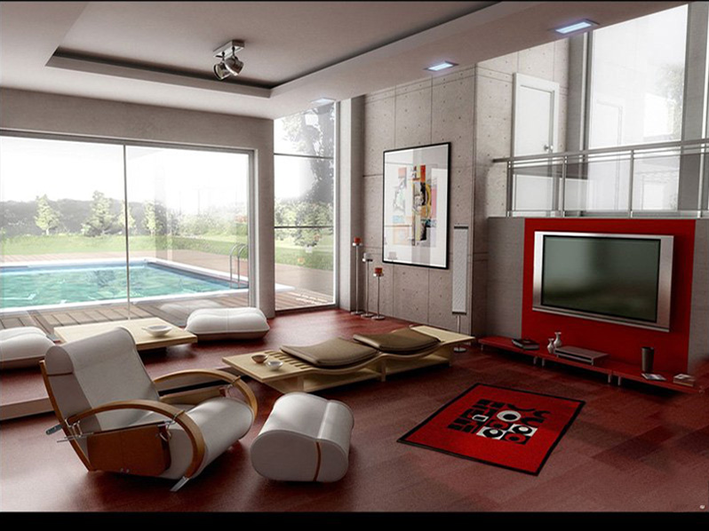 thiết kế phòng khách ngồi bệt với bể bơi