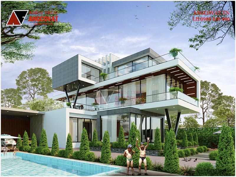 Phối cảnh: Thiết kế biệt thự hiện đại có bể bơi 3 tầng diện tích 200m2 tại Ninh Bình