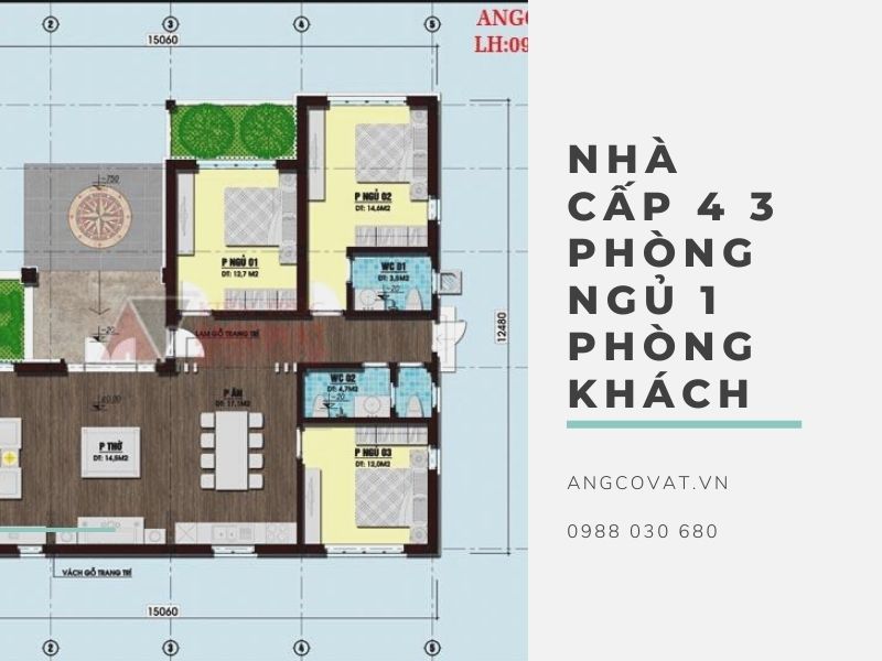 Bản vẽ nhà cấp 4 mái Thái 3 phòng ngủ mặt tiền 8m  MS 15110