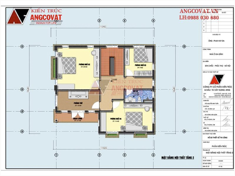 Mặt bằng tầng 2: Hình ảnh bản vẽ nhà vuông 2 tầng mái thái hiện đại 100m2 có 4 phòng ngủ