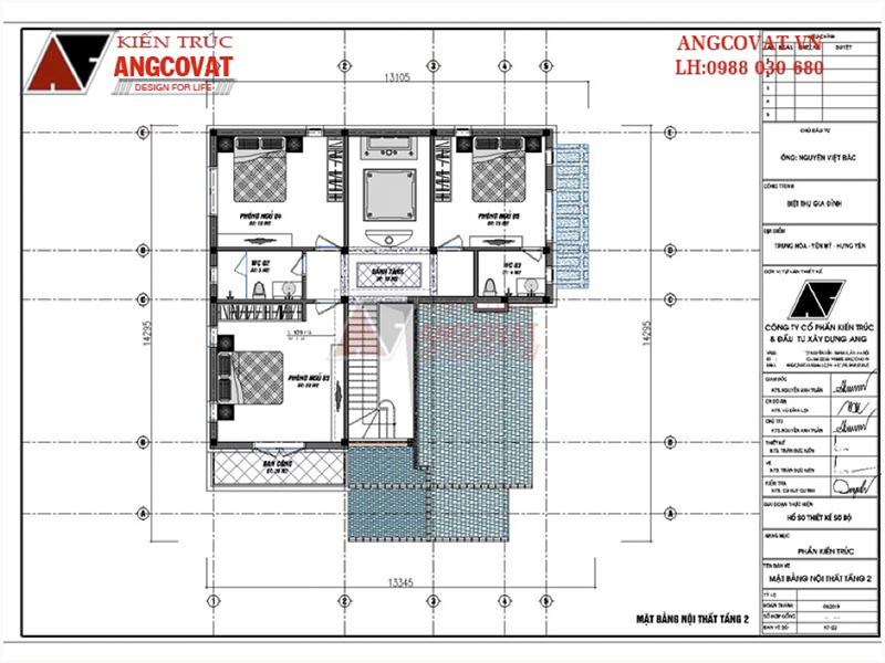 Mặt bằng tầng 2: Hình mẫu bản vẽ nhà vuông 2 tầng mái thái mặt tiền 13m diện tích 140m2