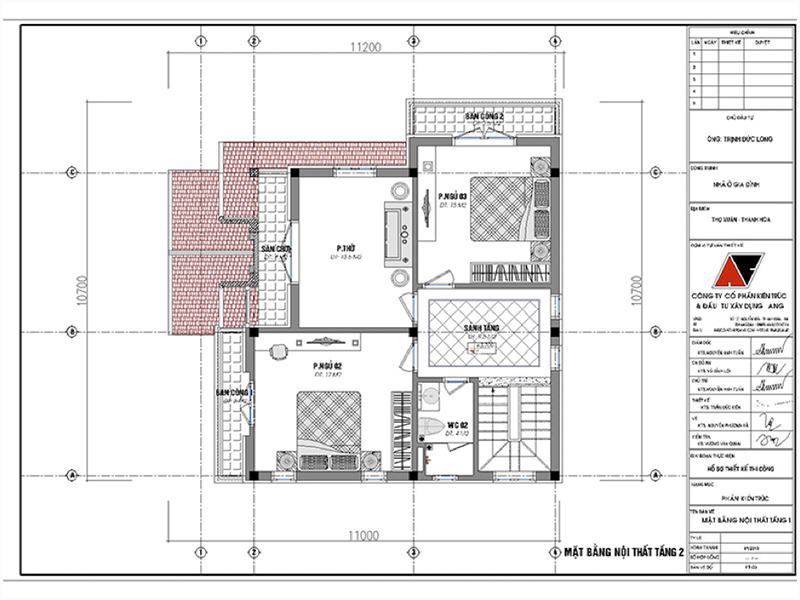 Mặt bằng tầng 2: Bản vẽ nhà vuông 2 tầng mái thái 3 phòng ngủ diện tích 90m2