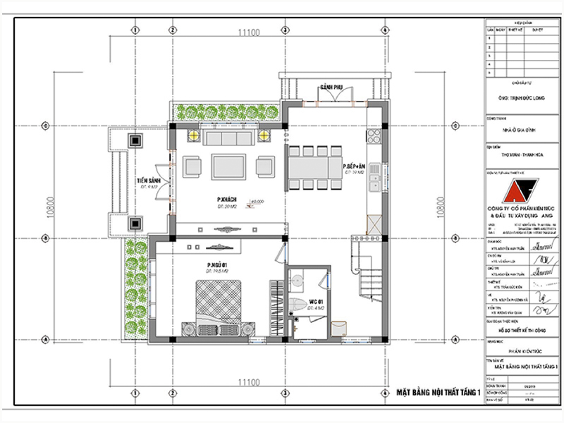 Mặt bằng tầng 1: Bản vẽ nhà vuông 2 tầng mái thái 3 phòng ngủ diện tích 90m2