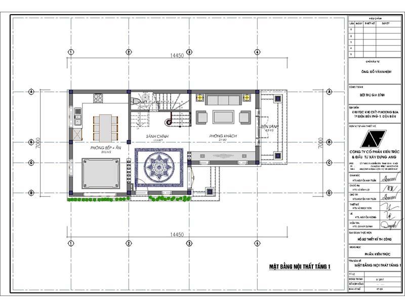 Thiết kế nhà 1 trệt 1 lầu 7x15m với mặt bằng công năng tầng 1 có phòng khách, bếp, sảnh