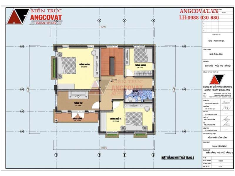 Mặt bằng tầng 2: Thiết kế biệt thự mini 2 tầng 4 phòng ngủ kích thước 11x10m mái thái