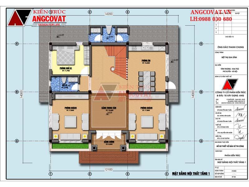 Mặt bằng nội thất tầng 1 của bản vẽ mẫu nhà 2 tầng mái thái 5x20m đẹp