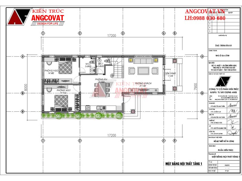 Thiết kế nội thất tầng 1 của mẫu nhà 2 tầng mái thái 5x20m