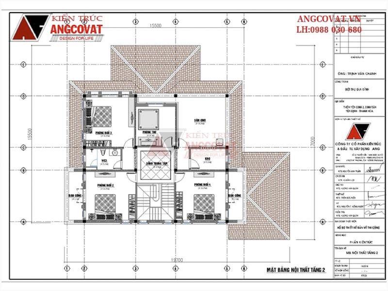 Mặt bằng tầng 2: Bản vẽ biệt thự 2 tầng mái thái 4 phòng ngủ diện tích 190m2