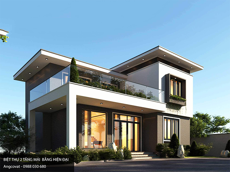  thiết kế nhà villa 2 tầng mái bằng phong cách hiện đại