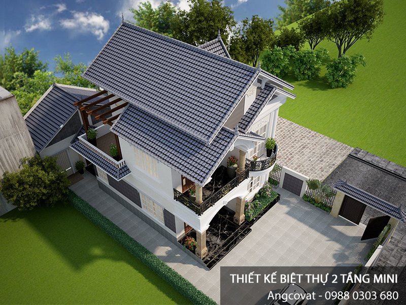 mẫu thiết kế nhà villa 2 tầng hiện đại mái thái
