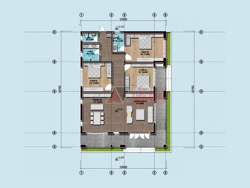 thiết kế bản vẽ nhà mái bằng 1 tầng 3 phòng ngủ