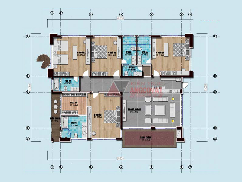 thiết kế bản vẽ nhà mái bằng 1 tầng 4 phòng ngủ phong cách hiện đại
