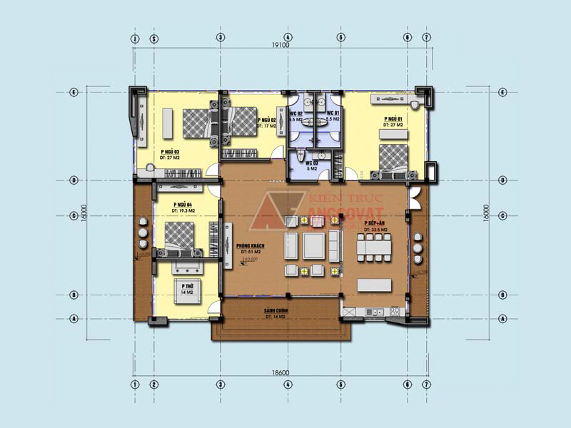 thiết kế bản vẽ nhà mái bằng 1 tầng 4 phòng ngủ