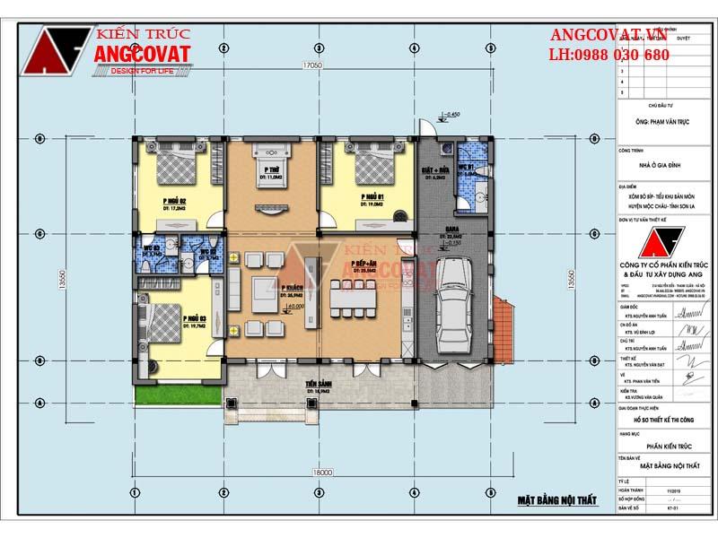 mặt bằng mẫu nhà ngang 1 tầng 3 phòng ngủ 200m2 kiến trúc mái thái đỏ tươi