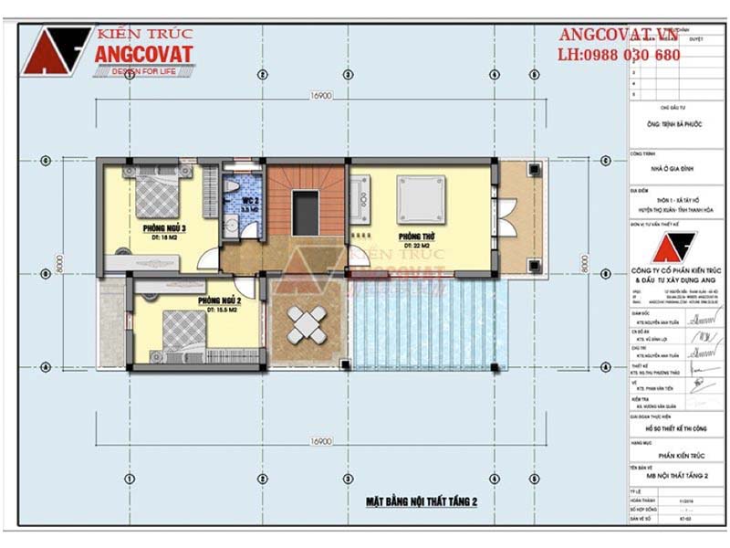 Mặt bằng tầng 2: Mẫu biệt thự mini 2 tầng giá rẻ hình chữ L mặt tiền 8m có 3 phòng ngủ