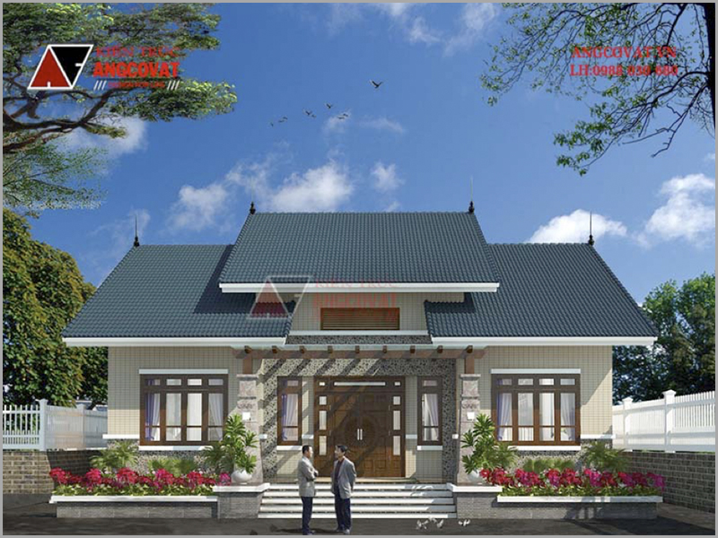 Phối cảnh 3D: nhà cấp 4 mái thái 3 phòng ngủ 1 phòng thờ 160m2 tại Hà Nội