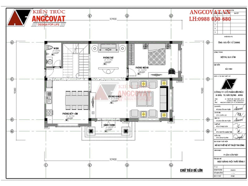 Mặt bằng tầng 1: Thiết kế thiết kế nhà 2 tầng 2 phòng ngủ 1 phòng thờ mái thái 100m2