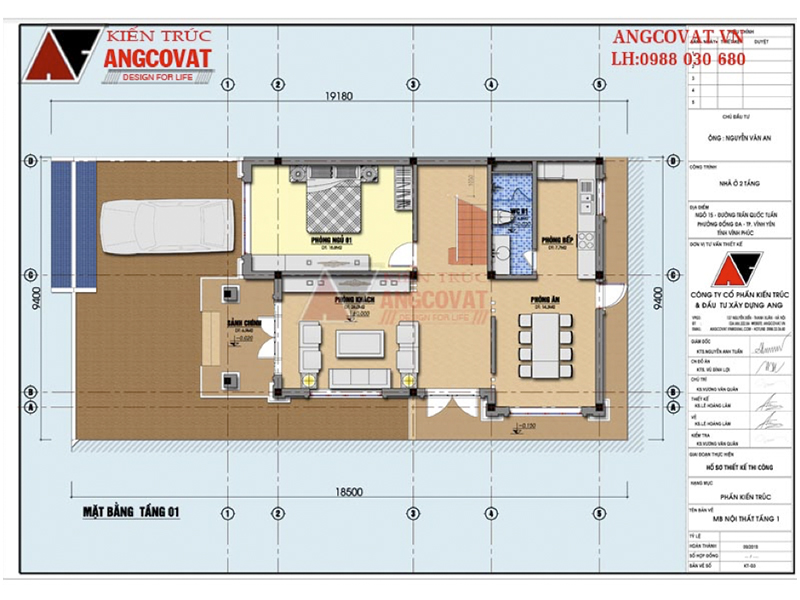 Mặt bằng tầng 1: Thiết kế thiết kế nhà 2 tầng 2 phòng ngủ 1 phòng thờ kích thước 9x14m