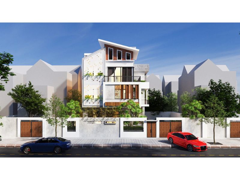 Kiến trúc nhà 3 tầng mái thái lệch 150m2