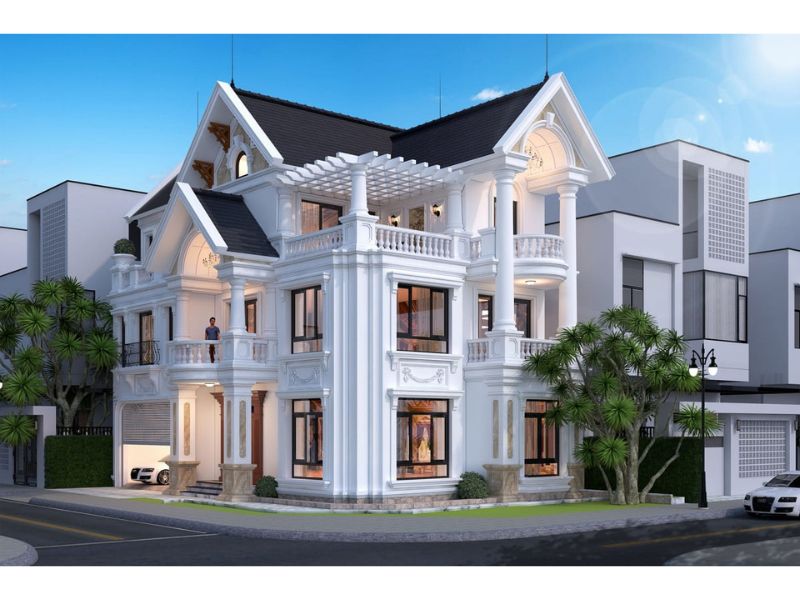 Nhà 3 tầng mái thái xanh tân cổ điển sang trọng