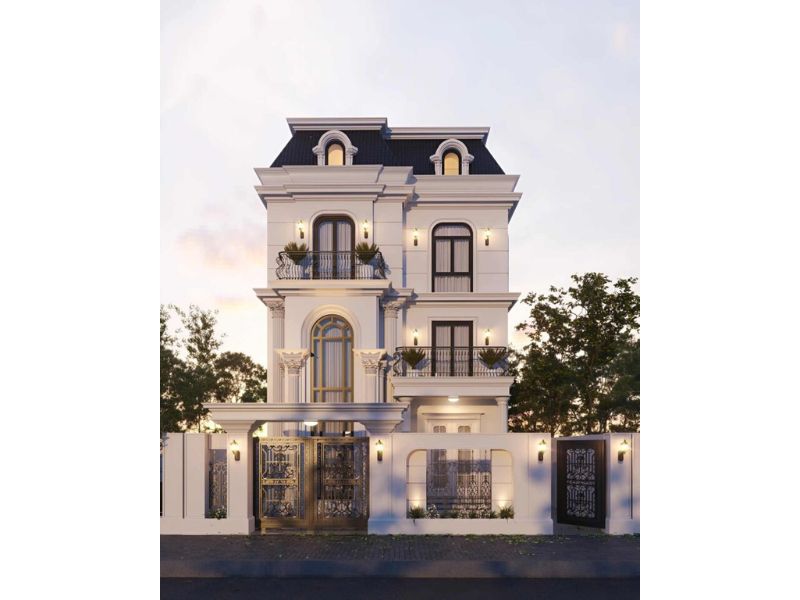 Kiến trúc nhà 3 tầng gam màu trắng xa hoa