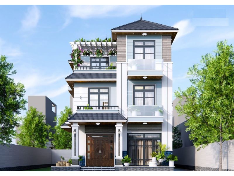 Kiến trúc nhà đẹp 3 tầng mái Nhật hiện đại