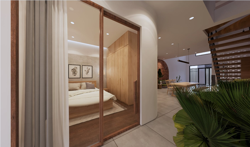 Phòng ngủ master ở tầng 1 dành cho bố mẹ với đồ nội thất hoàn toàn từ gỗ tự nhiên cao cấp