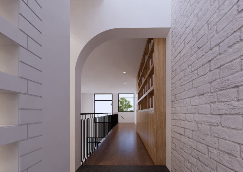 Lối vào phòng đọc sách có thiết kế ô cửa sổ giúp căn nhà đón được ánh sáng tự nhiên, thoáng đãng và sạch sẽ hơn
