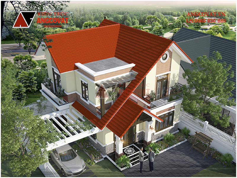Các mẫu nhà 2 tầng đơn giản giá rẻ: Phương án thiết kế mái ngói đỏ tươi tại Thanh Hoá – Phối cảnh view 2