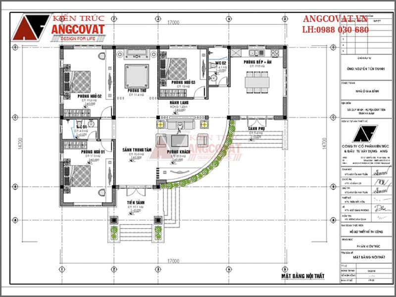 Phương án xây nhà cấp 4 kiểu biệt thự mặt tiền 20m tại Hà Nam – Mặt bằng nội thất