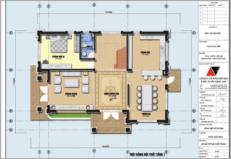 Mặt trệt: Tư vấn xây nhà 1 trệt 1 lầu 4 phòng ngủ mái thái diện tích 140m2