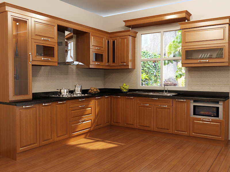 Sử dụng sàn nhà lát gạch giả gỗ với thiết kế phòng bếp đầy gỗ