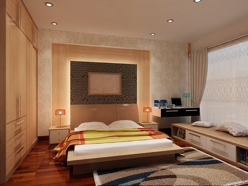Sàn nhà lát gạch giả gỗ trong không gian ấm áp, thanh bình của phòng ngủ