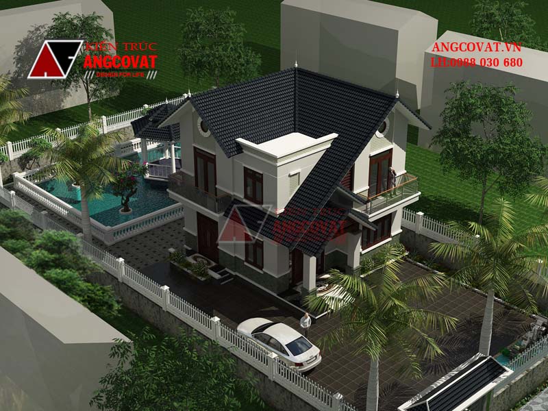 Phối cảnh 3D thiết kế nhà 2 tầng mái ngói đen nhỏ xinh diện tích 65m2