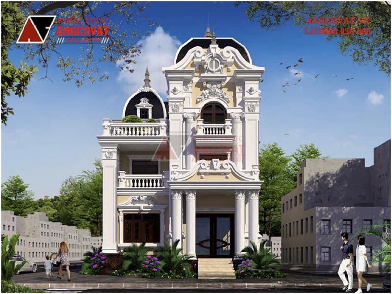 View 2: Bản vẽ 3D nhà biệt thự 3 tầng được thiết kế theo hình thái lâu đài