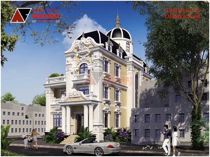 View 3: Bản vẽ 3D nhà biệt thự 3 tầng được thiết kế theo hình thái lâu đài