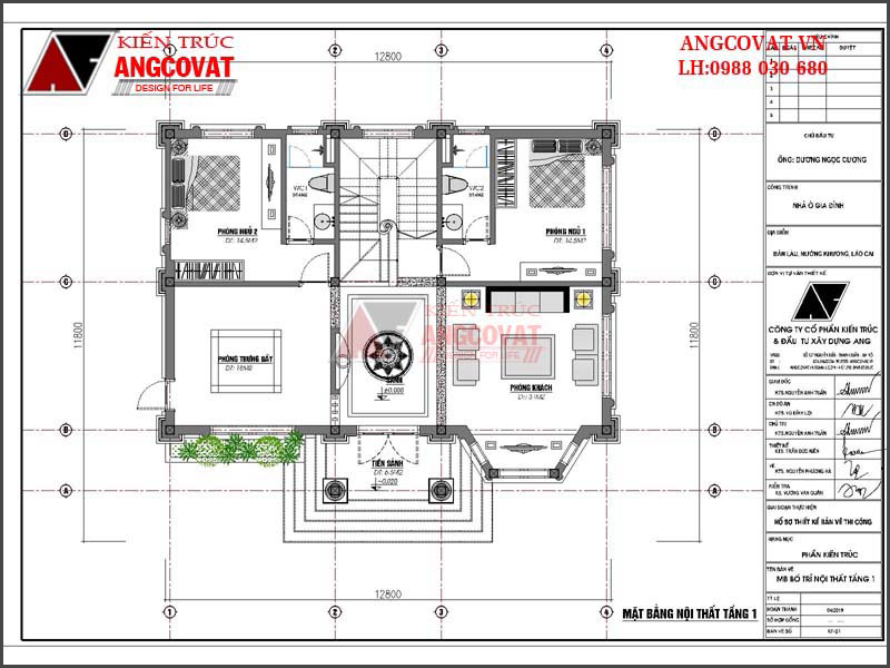 Mặt bằng tầng 1: Bản vẽ thiết kế nhà vuông 2 tầng kiến trúc tân cổ điển 120m2