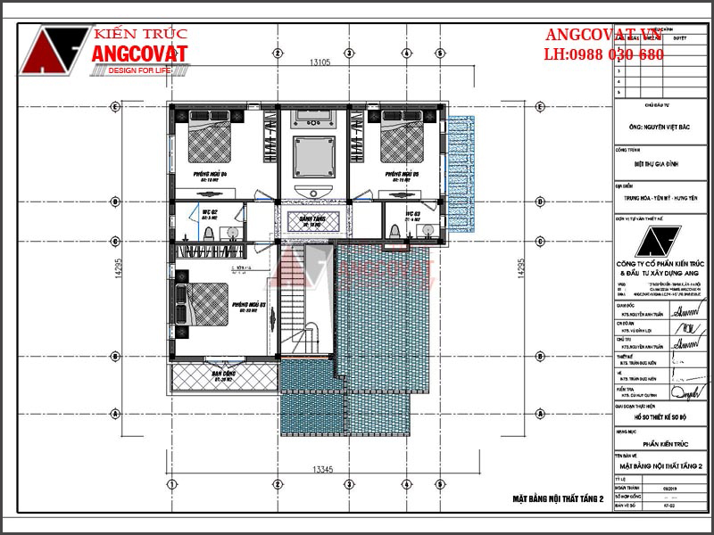 Mặt bằng tầng 2: Bản vẽ thiết kế nhà vuông 2 tầng mái thái độc đáo 140m2