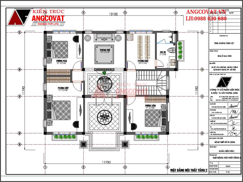Mặt bằng tầng 2: Bản vẽ thiết kế nhà vuông 2 tầng 120m2 độc đáo tại Hà Nội
