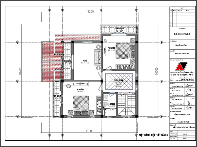Mặt bằng tầng 2: Bản vẽ thiết kế nhà vuông 2 tầng 90m2 ngói đỏ xinh đẹp