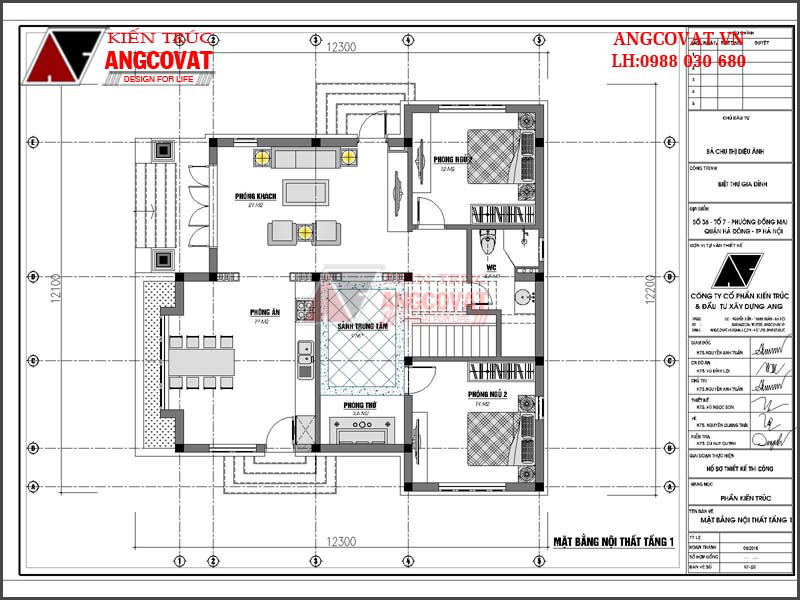 Mặt bằng tầng 1: Bản vẽ thiết kế nhà vuông 2 tầng mái thái đơn giản