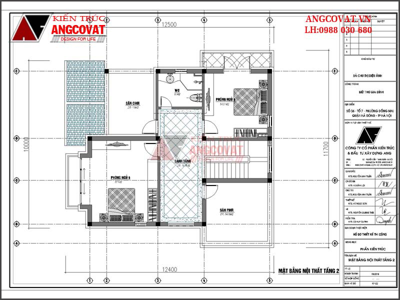 Mặt bằng tầng 2: Bản vẽ thiết kế nhà vuông 2 tầng mái thái đơn giản