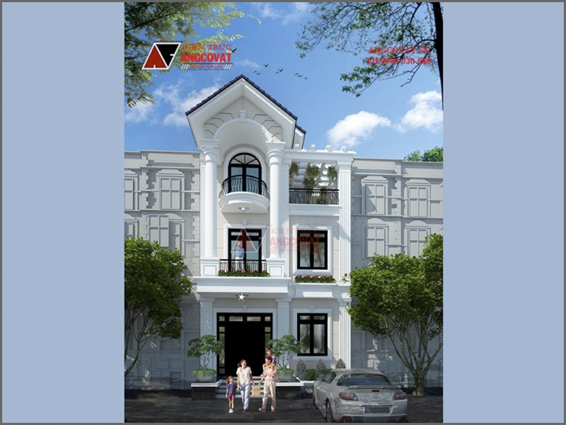 Thiết kế mặt tiền nhà ống giả biệt thự 3 tầng xinh đẹp diện tích 80m2 tại Hưng Yên