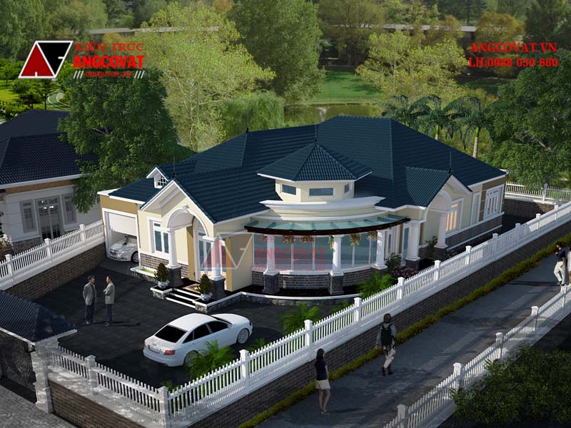 Phối cảnh thiết kế nhà trệt mái thái 4 phòng ngủ kích thước 13x20m tại Nam Định