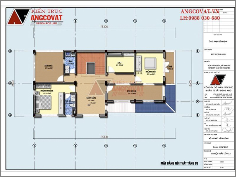Chi phí xây dựng nhà 3 tầng 1 tum có 5 phòng ngủ – Mặt bằng tầng 3